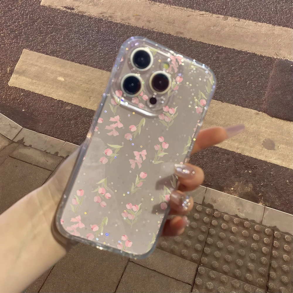 Фото Роскошный синий чехол с цветами и блестками для iPhone 17, 15, 13, 16, 12, 11, 14 Pro Max, 17 Air, XR, X, 16e – Противоударный чехол из ТПУ №4