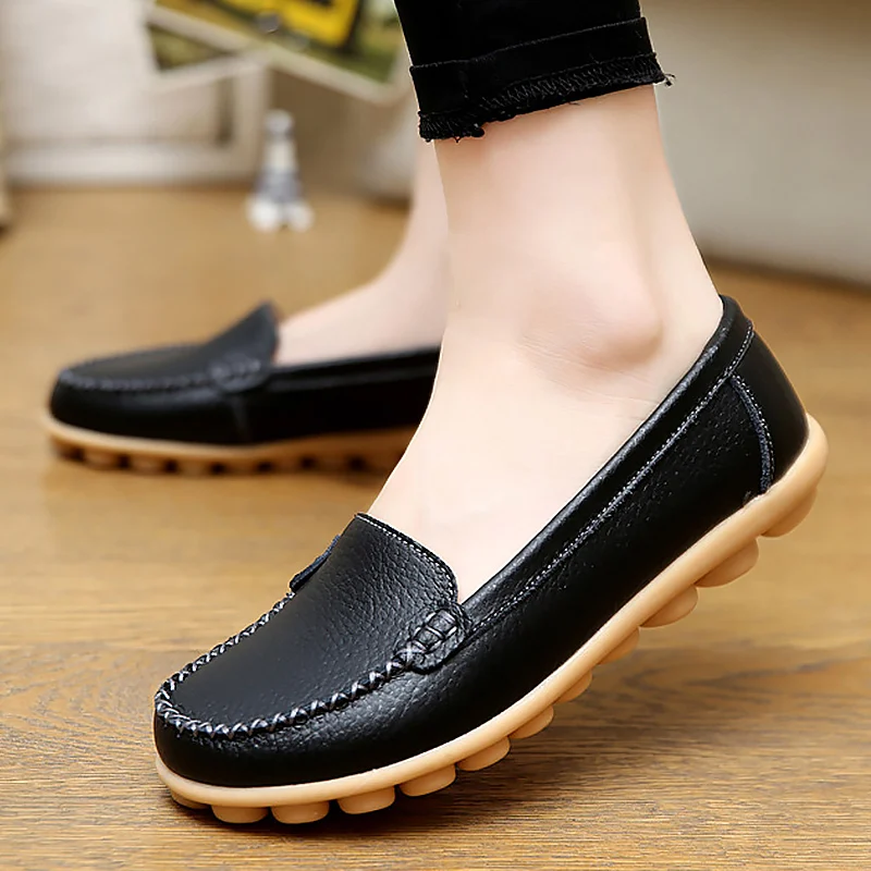 Summer Women Shoes Flat Shoes Loafers Genuine Leather New Style Round Toe Shallow Spring Ladies Shoes Plus Size Sports Shoes