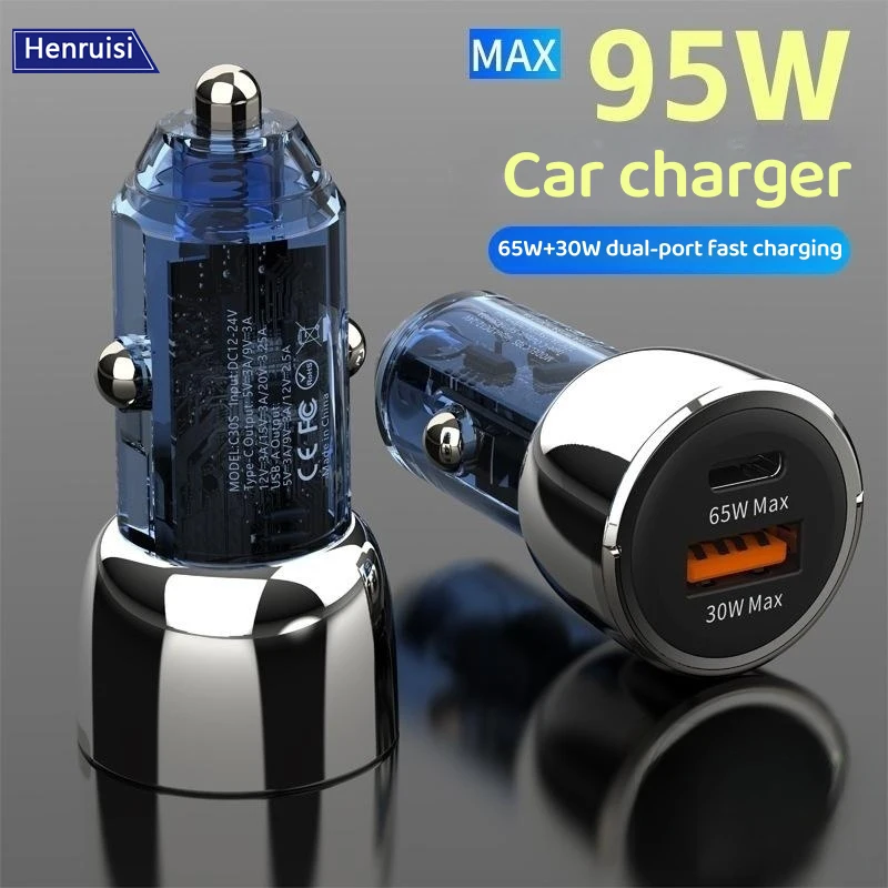 

95W USB C Car Charger Dual Port PD Fast Charging Transparent Car Phone Charger Portable Charger Adapter For Xiaomi iPhone in Car
