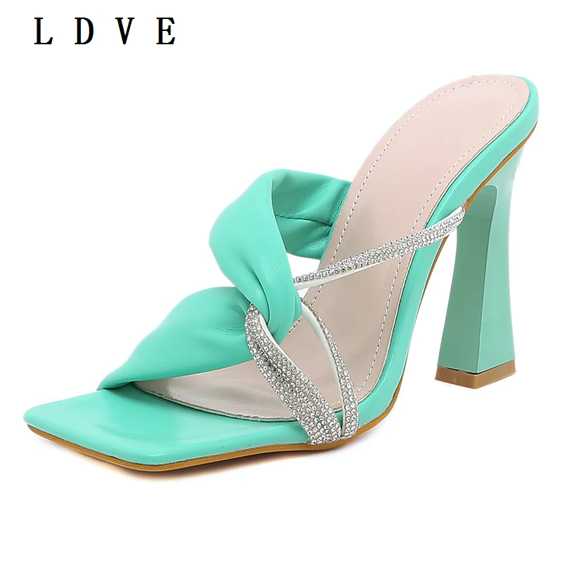 

Summer Women Mules Fashion Sexy Square Open Toe Thin High Heel Slippers PU Turned-over Edge Crystal Decoration Sandals