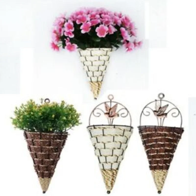 

Natural Wicker Flower Basket Vase Rattan Wall Hanging Pot Planter Rattan Vase Basket Decor Wall-mounted Wrought Iron