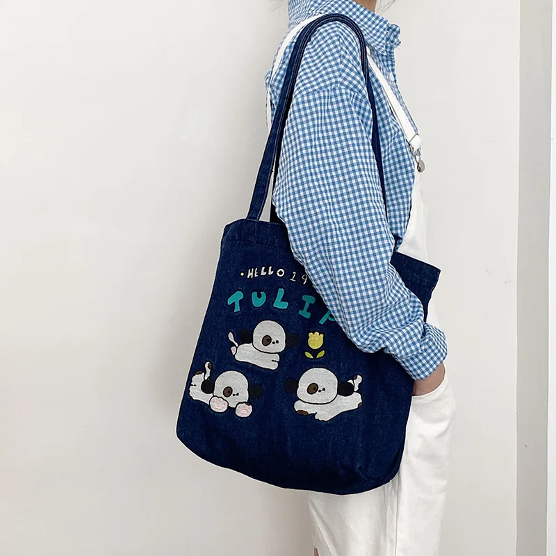 

Женские сумки на плечо с мультяшной вышивкой, ретро джинсовые школьные сумки для девочек, Вместительная женская сумка для покупок, Повседне...