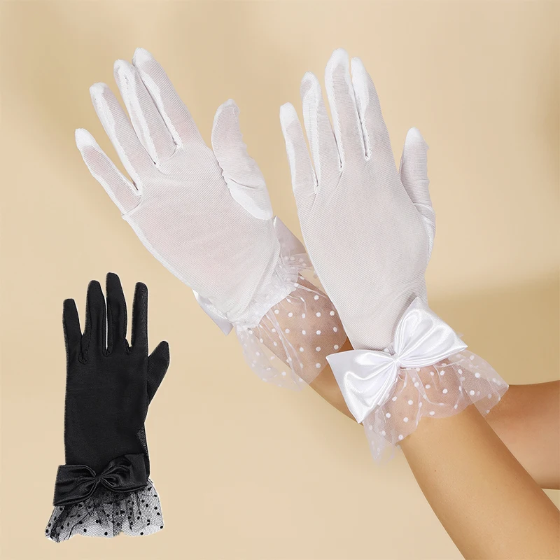 

Sunscreen Cycling Driving Mittens Dot Mesh Lace Bow Elastic Etiquette Gloves Five Fingers Simple Black White Women Gloves