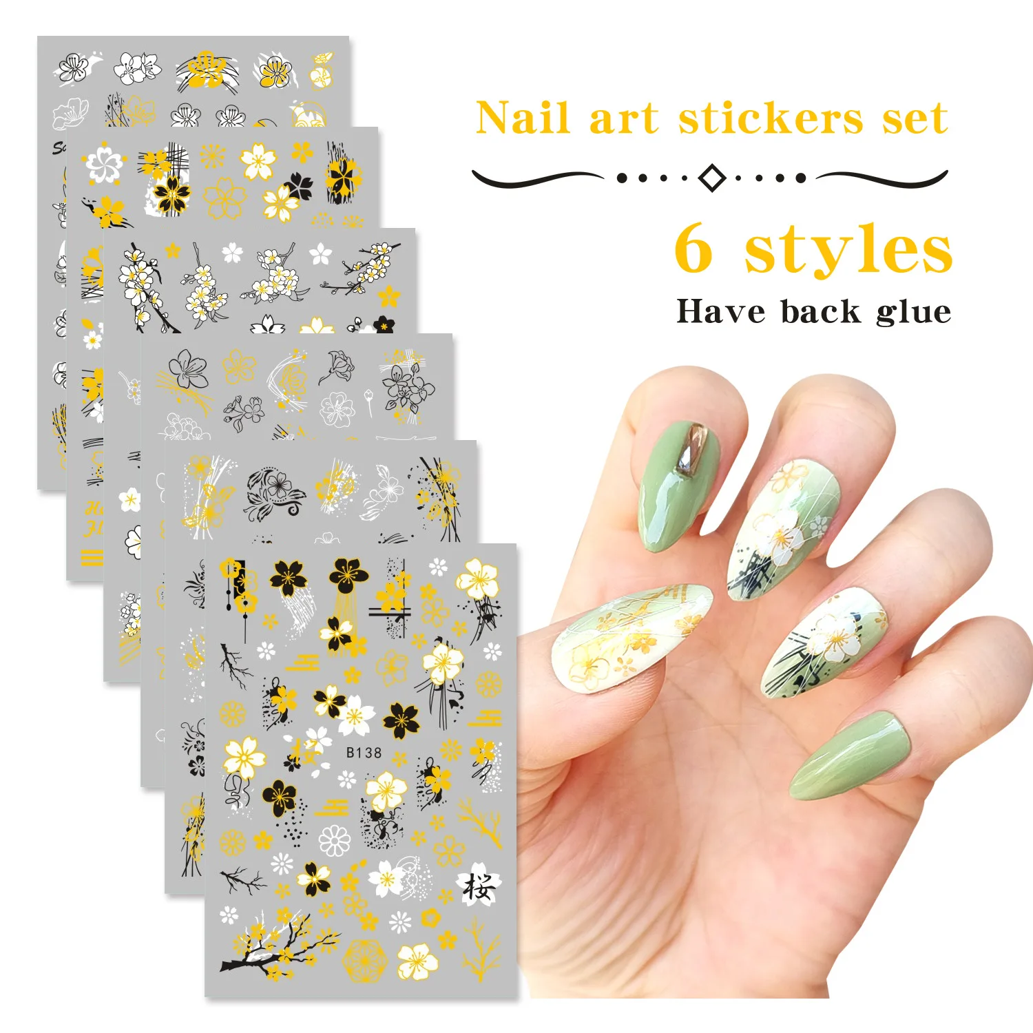 

5Pcs/Lot New Personalized Nail Art Stickers Spring Summer Flowers Grass Art Abstract Lines Nail Adhesive Nail Decals Wholesale