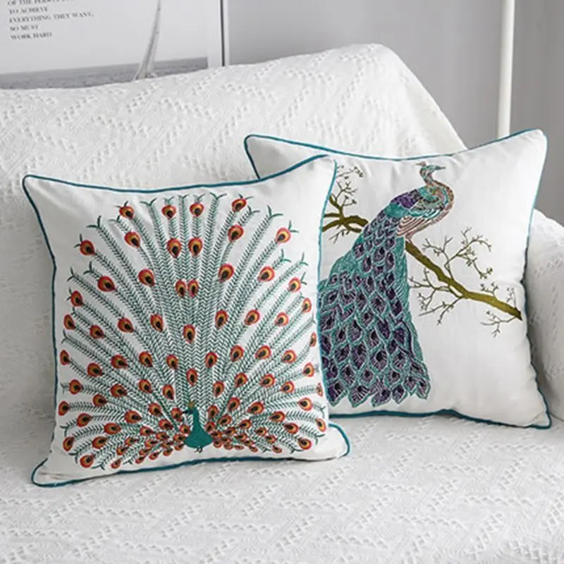 

Pillow Case American Peacock Embroidery Pillowcase For Sofa Living Room Luxury Home Decoration Embrace Cotton 45Cm Cushion Cover