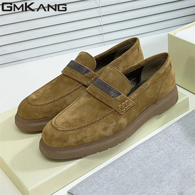 2023 New Flat Shoes Women Cow Suede British Style Shoes Chain Decorate Loafers Woman Casual Comfort Walk Shoes Woman