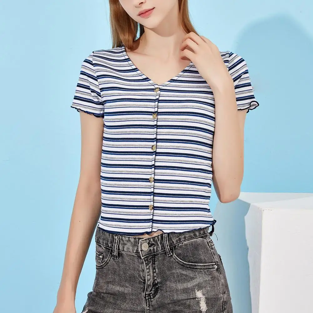 

Skin-touching Moisture Wicking Fashion Striped Print Buttons Up Summer Top Female Clothes