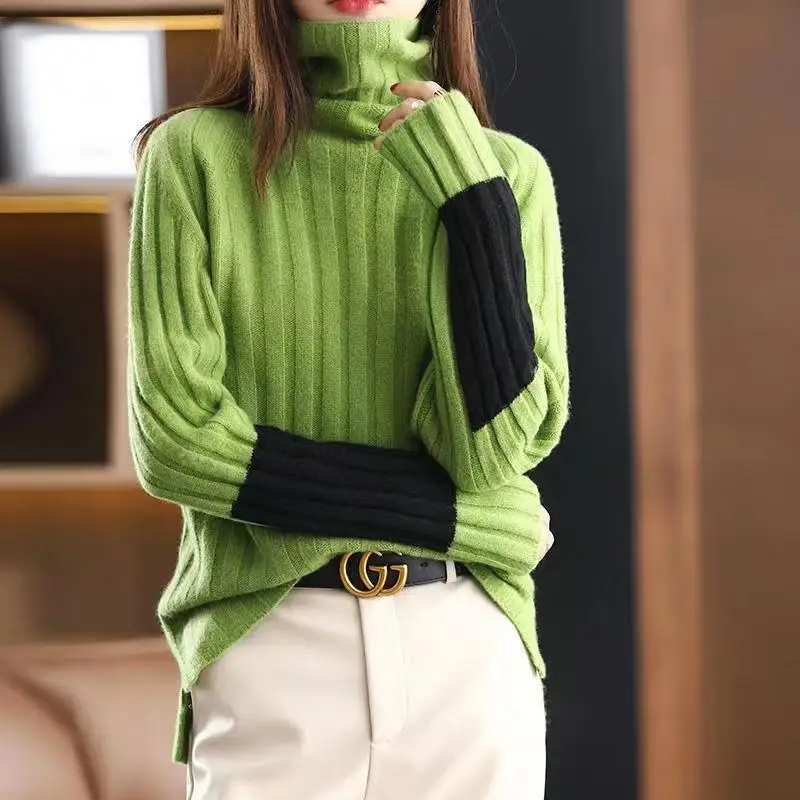 

Autumn And Winter New Women's Sleeve Color Matching High Neck Pit Sweater Fashion Casual Loose Women's Inner Sweater