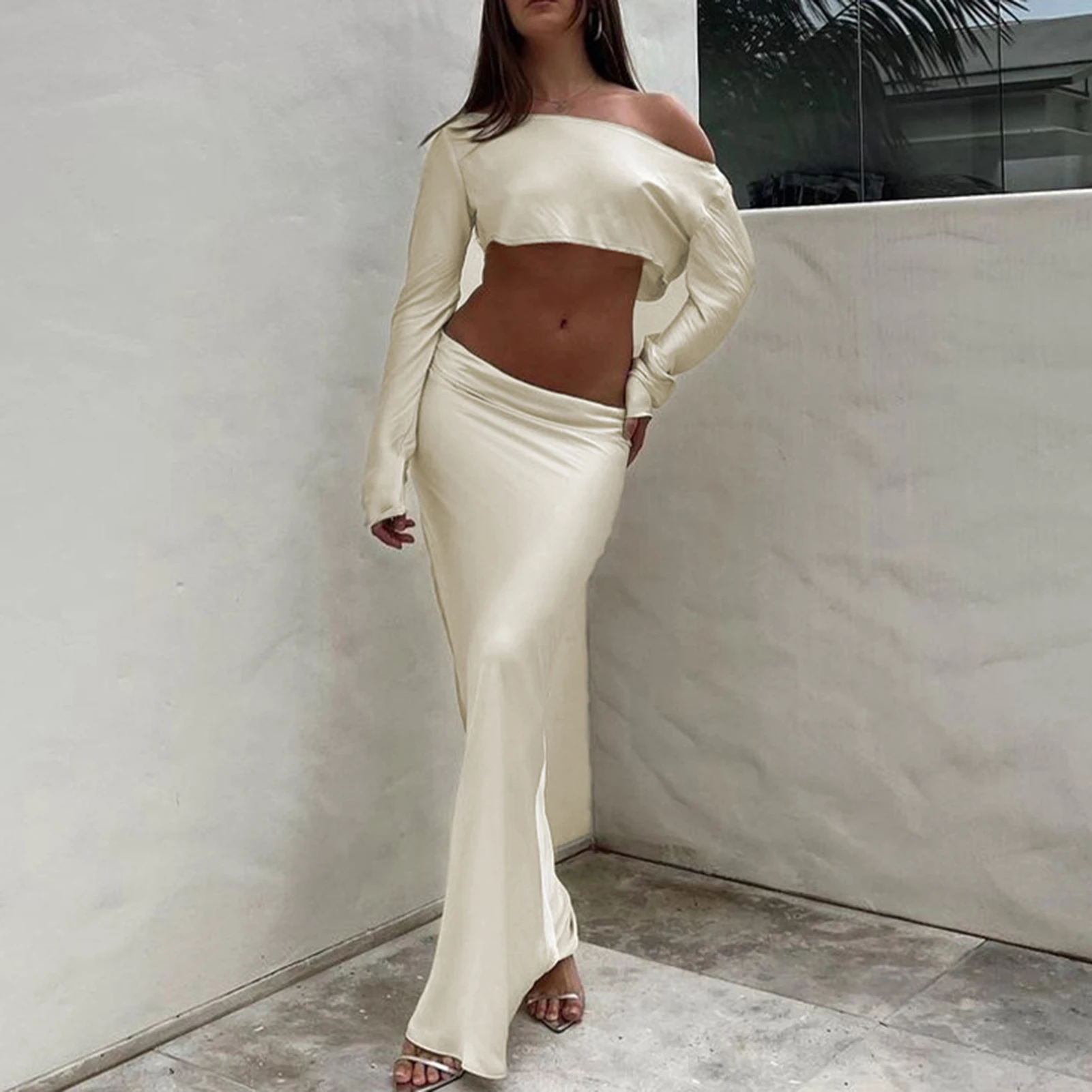 

Navel Exposed Top Long Skirt Solid Color Women Casual 2 Piece Skirt Set Asymmetrical Vintage Style Off Shoulder Vacation Outfit