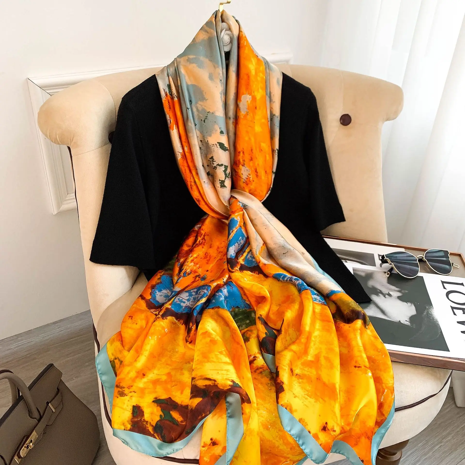 

2022 Four Seasons Long Shawls Popular Flower Satin Silk Scarves Europe And America Print Bandannas Fashion 180X90CM Beach Towel