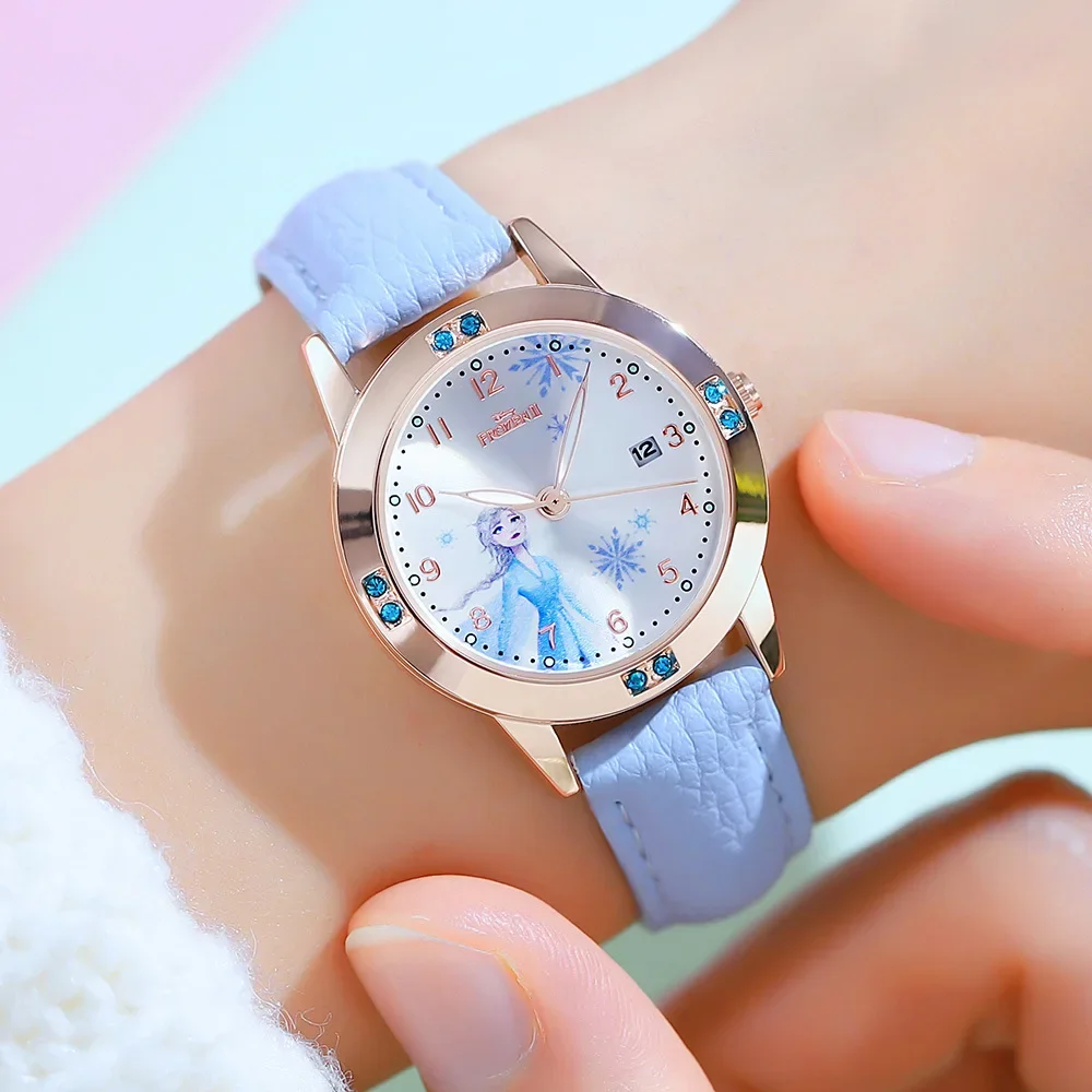 

Dsiney Frozen Princess Timepiece Stylish Calendar Quartz Watch for Middle Schoolers Girls' Trendy Leather Strap Children's Watch