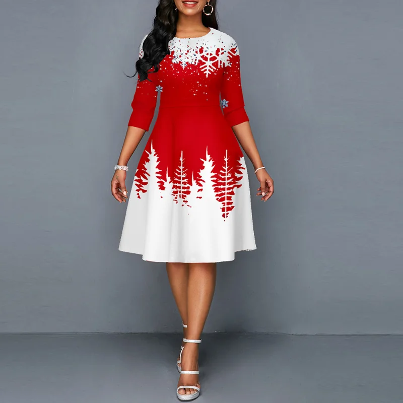

Casual Red Party Dresses For Women 2023 Fashion Elegant Evening O-Neck Print Christmas Dress Full Office Dresses For Ladies