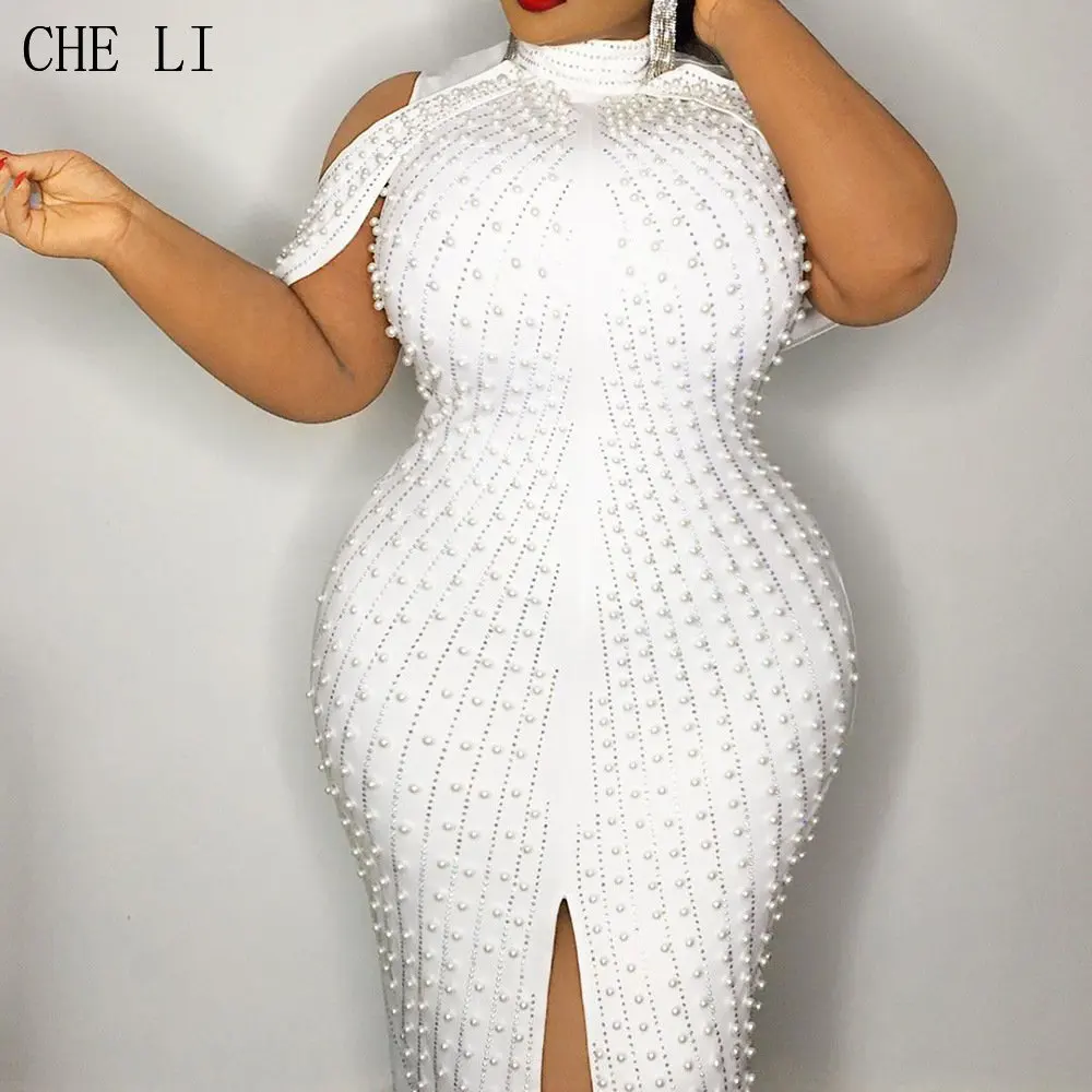 Plus Size Sleeveless Elegant Sheath Dress Women 5XL Sexy Party Dinner Midi Dress Solid Color Female Beaded White Evening Dress