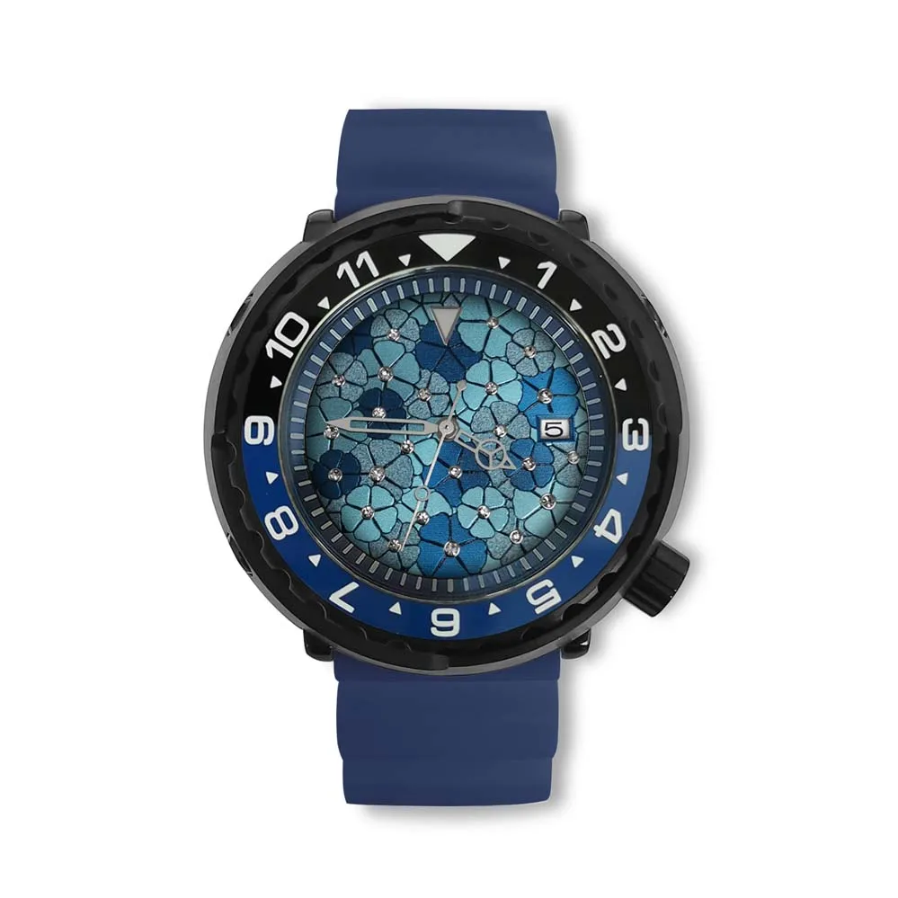 

Новинка 45 мм GEERVO без логотипа консервированные часы Японский nh35 Move men t Hands светящиеся синие инкрустированные цветами циферблат Мужские часы