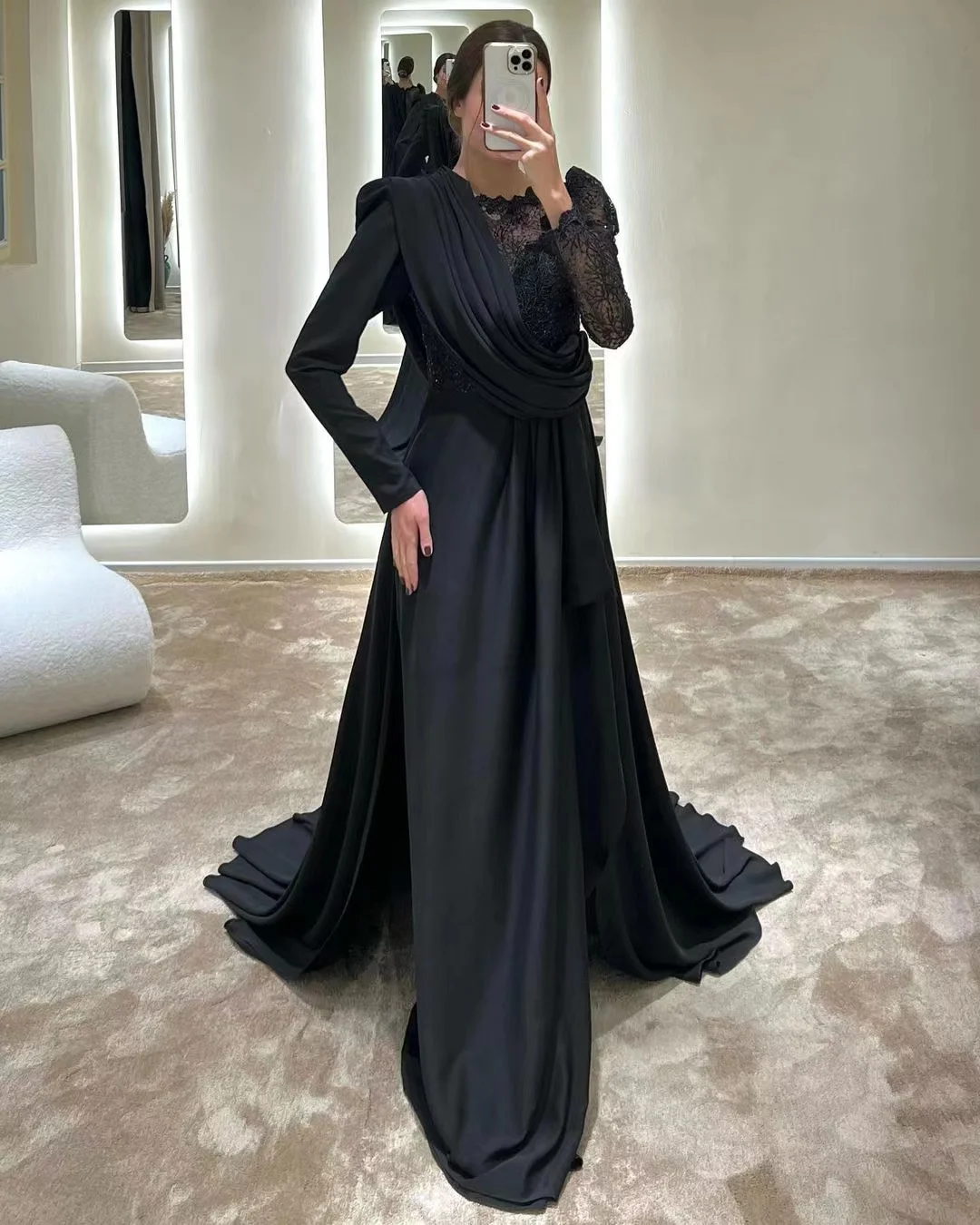 

Merida Embroidery Sequins Formal Dresses Black Ruffle A-Line Long Sleeves Sweep Train Elegant Evening Party Dresses For Women