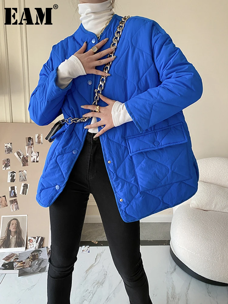 

[EAM] Blue Big Size Warm Cotton-padded Coat Long Sleeve Loose Fit Women Parkas Fashion Tide New Autumn Winter 2023 1DF1621