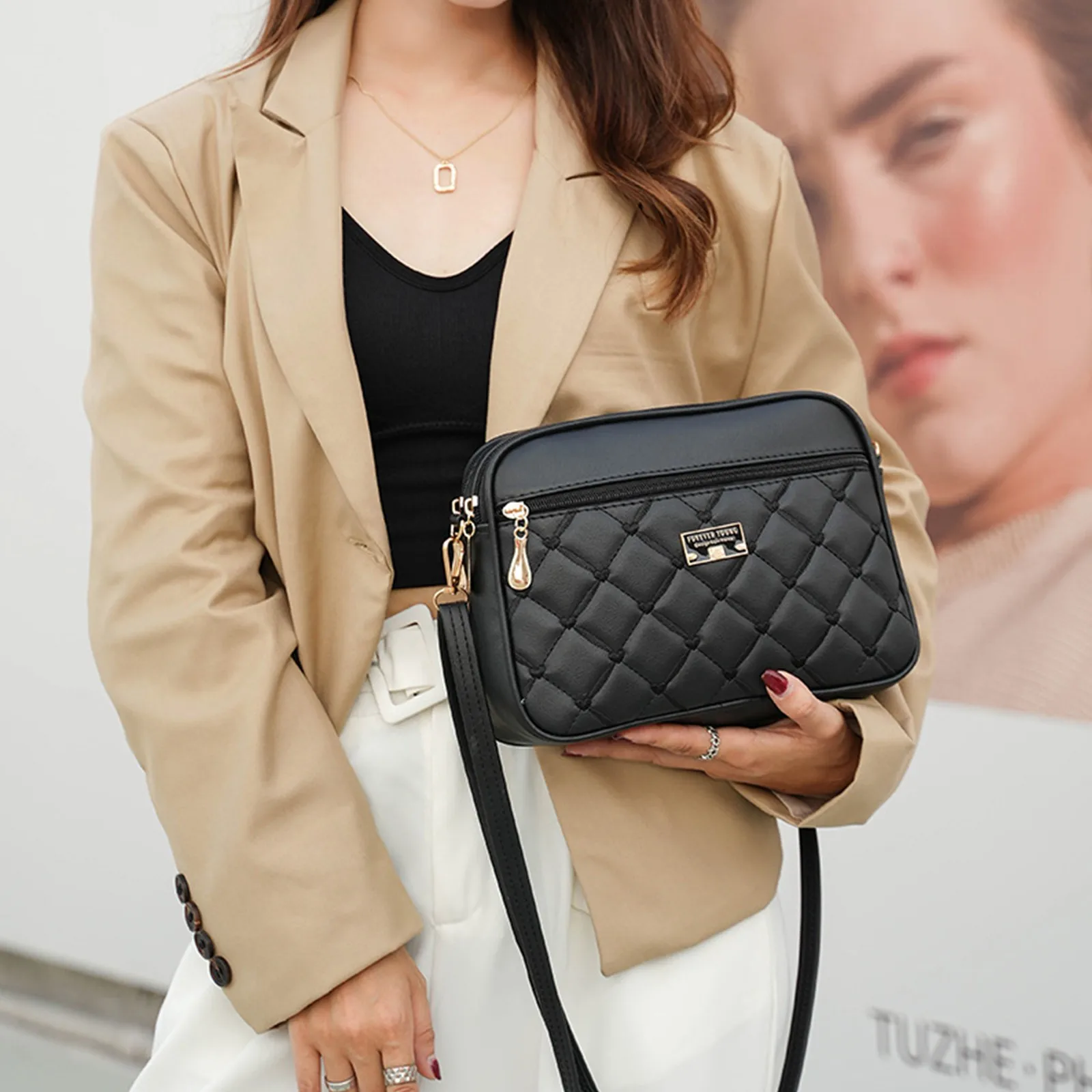 Женская Модная Маленькая Квадратная Сумка Через Плечо Клетчатая С Вышивкой