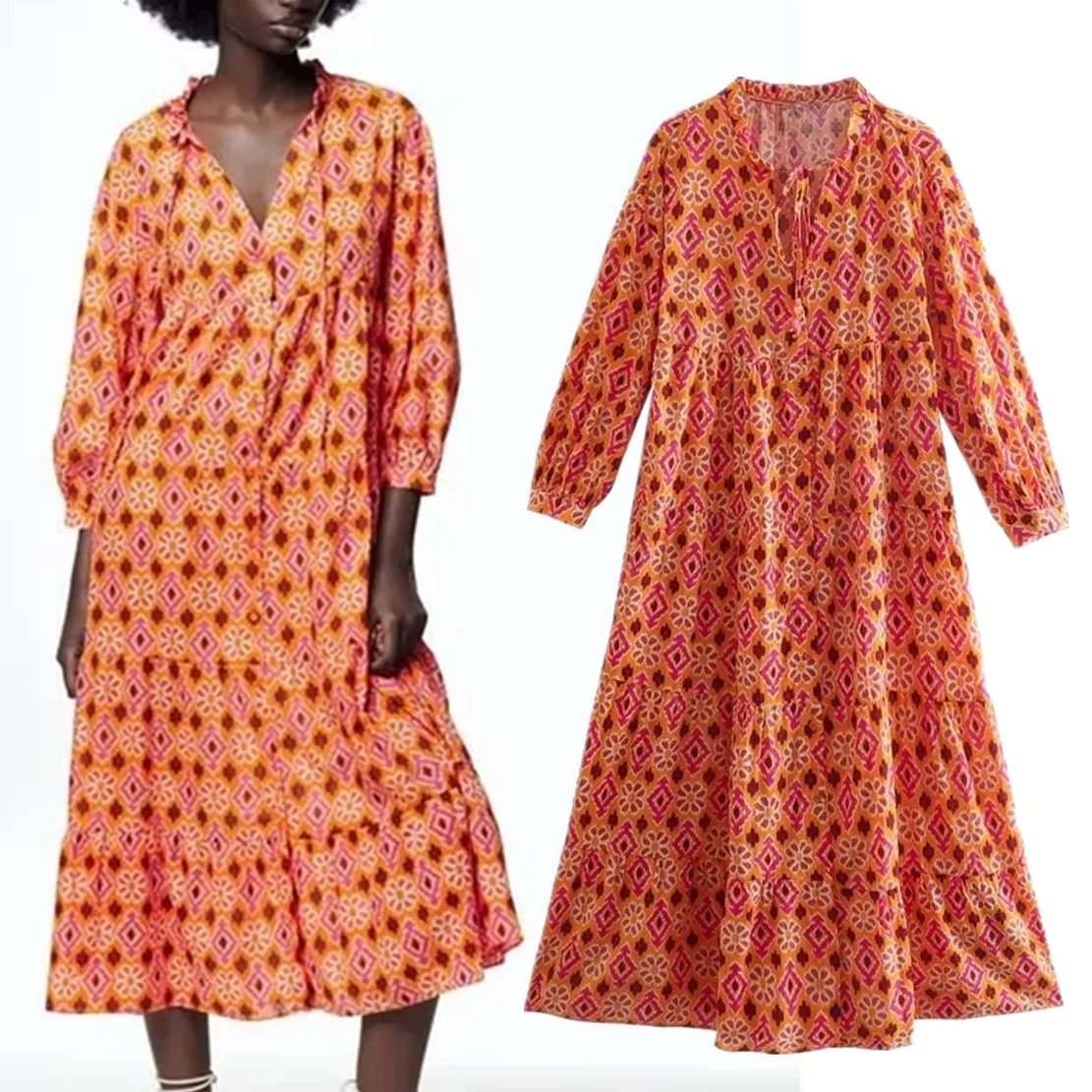 

Maxdutti Print V-neck Loose Midi Dress Women Bohemian Style Fashion Dress