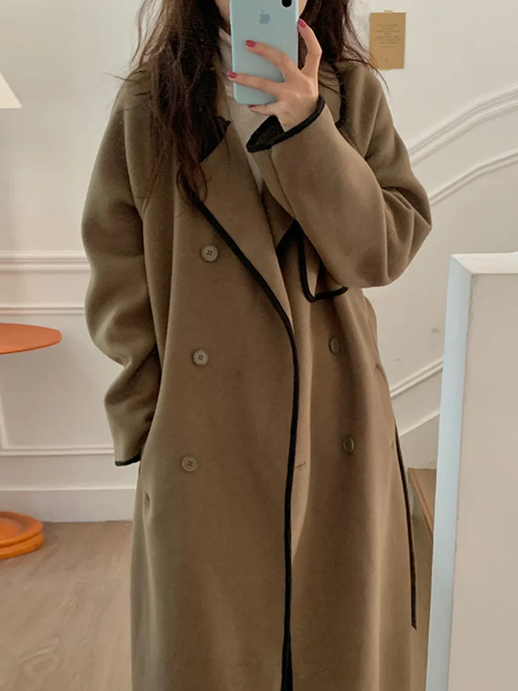 

Bordure Woolen Coats Double Breasted Turn-down Collar Women Long Overcoat Warm Jacket 2022 Autumn Winter Korea Top H737