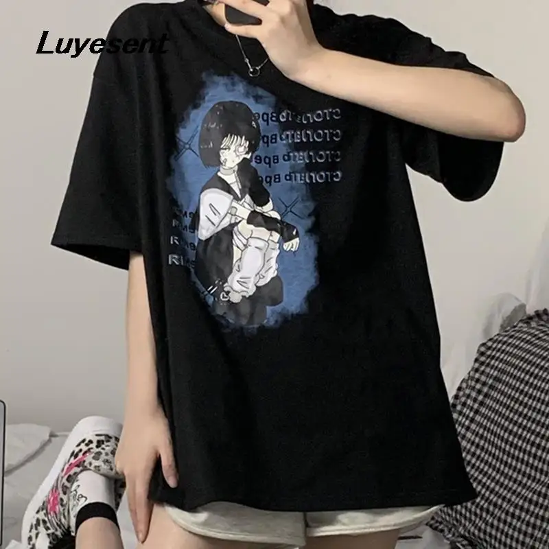 

Female Cartoon Print Short Sleeve O Neck T Shirt Y2k Style Girl Street Basic Black T-shirts Harajuku Casual Tshirt Japanese Top