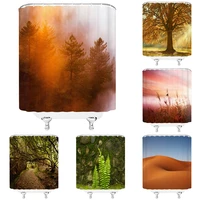 misty forest trees nordic shower curtains set with hooks waterproof autumn green natural landscape home decor bathroom curtain