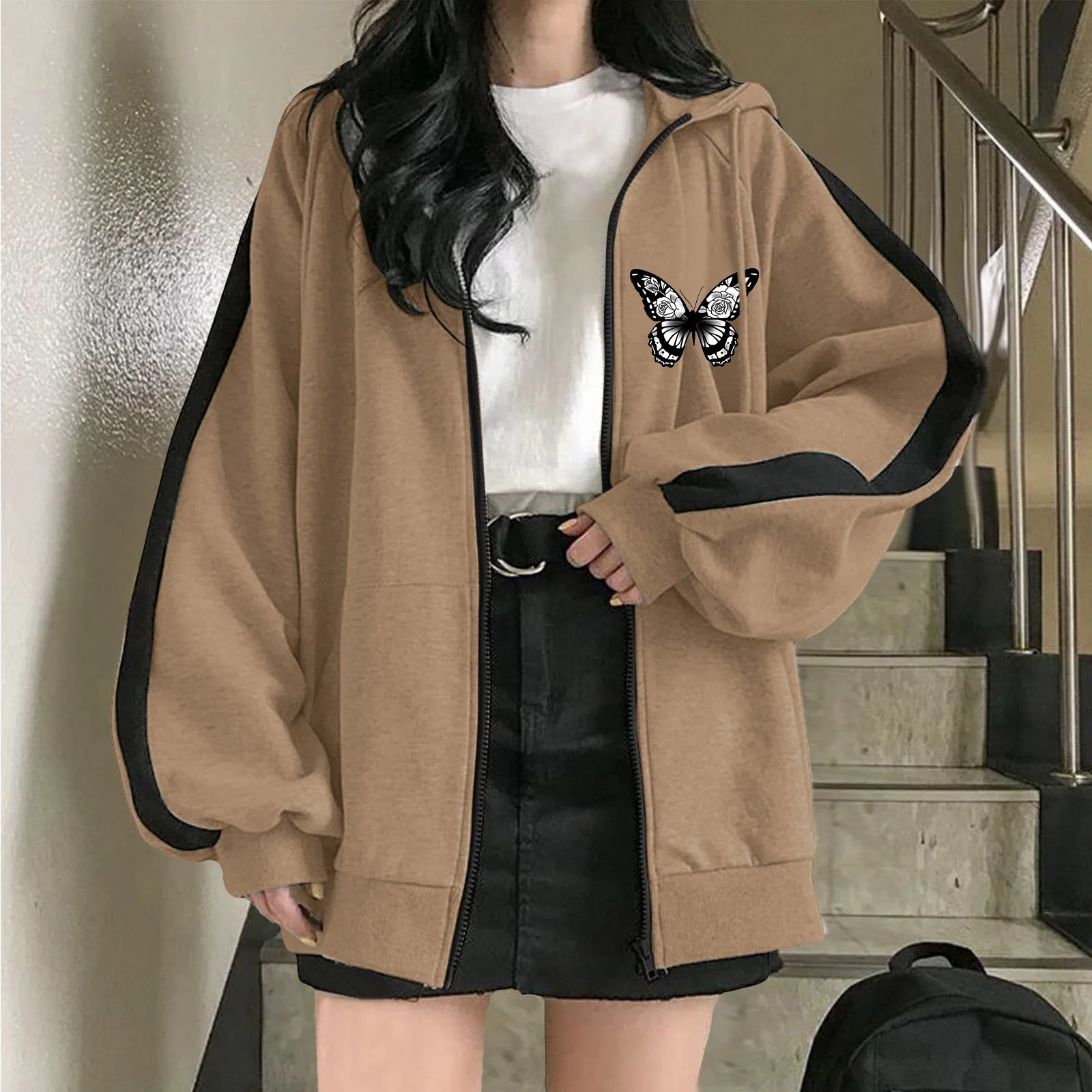 

Harajuku Korean Version Hoodie Autumn Zip Up Oversized Sweatshirts Butterfly Striped Coat Long Sleeve Pocket Hooded Coats Jacket