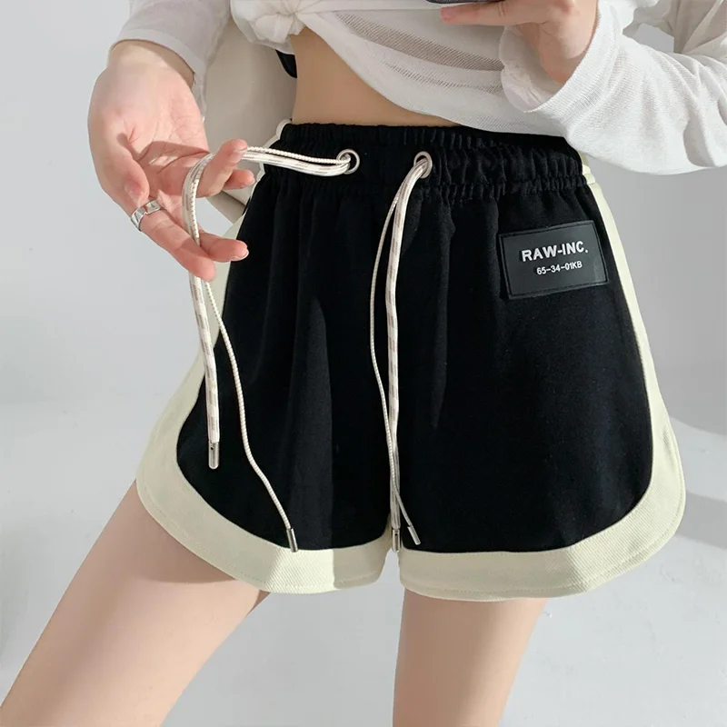 American Style High Street Leisure Black Women's Sport Shorts Summer Style High Waist Loose Yoga Run