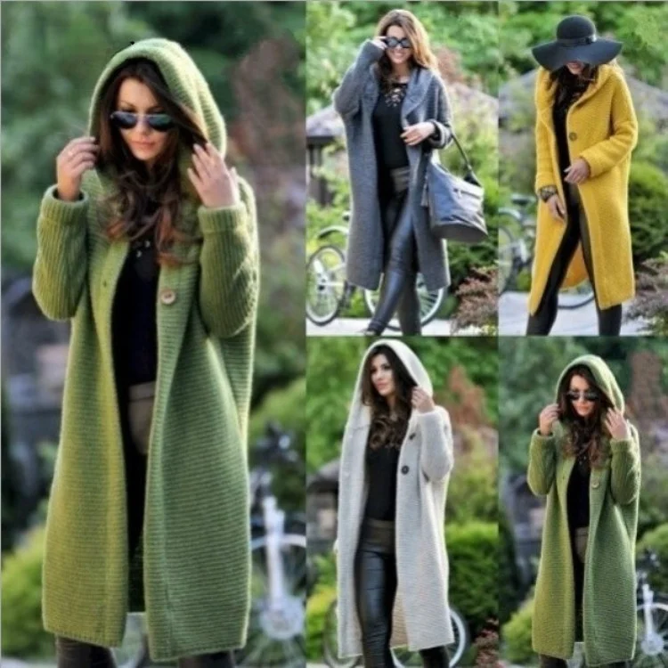 

Women's loose knit cardigan sweater hooded mid-length coat