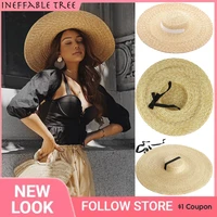 summer big natural wheat straw hats for women handmad wide brim beach visor caps elegant flat top lace up photograph sun hat