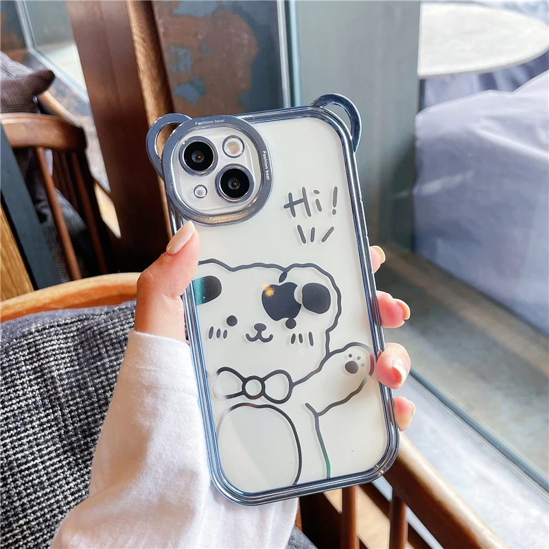 

13 Pro Case Cute Plated Bear Transparent Cover for iPhone 11 12 13 Pro Max X XS Cler Silicone Electroplated Cases 7 8 Plus Coque