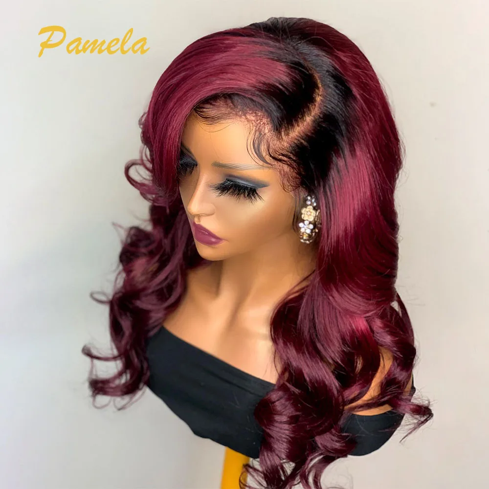 

Ombre 1B 99j Short Body Wave Lace Front Human Hair Wigs With Bady Hair Burgundy 13x4 Transparent Lace Frontal Wigs For Women