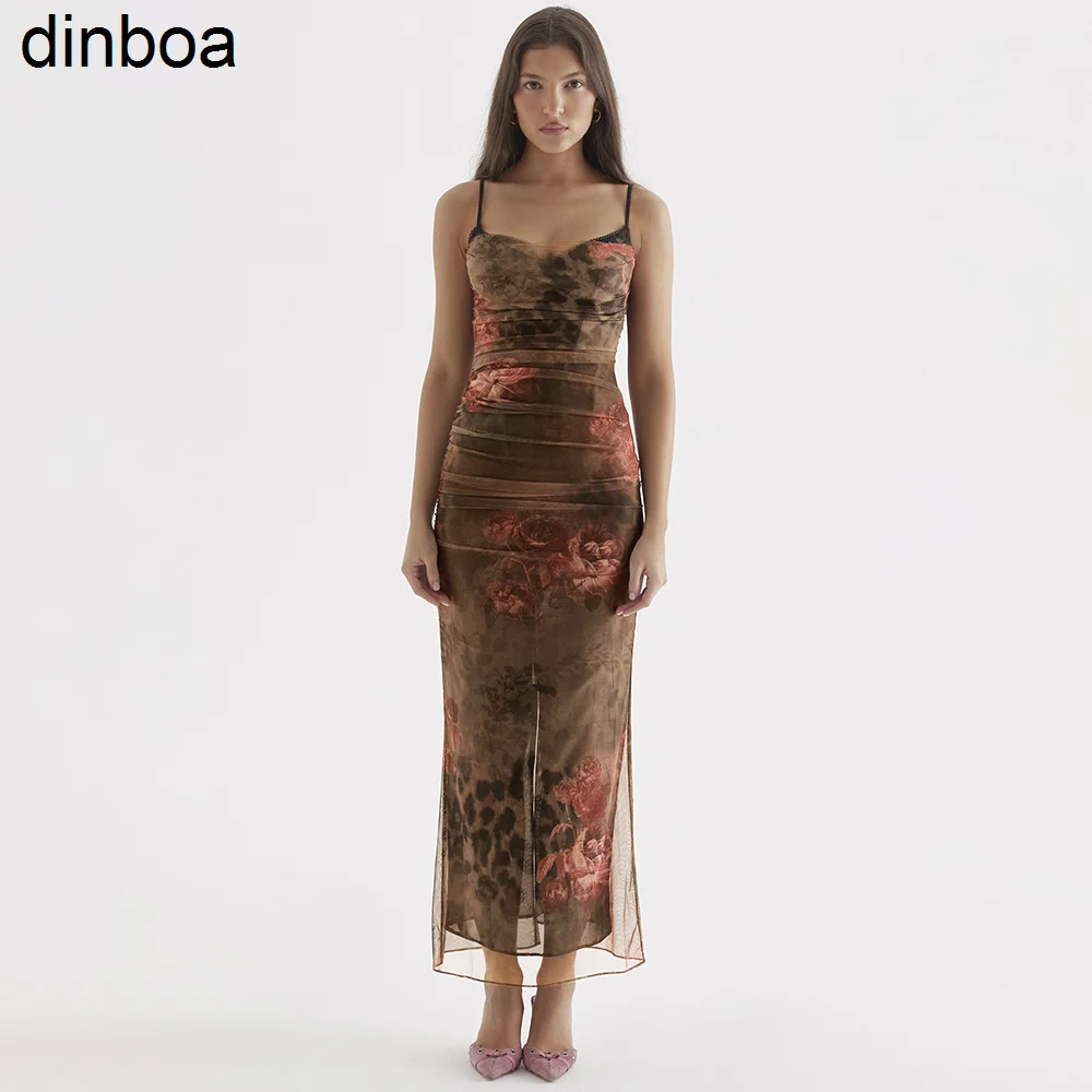 

Dinboa Women Clothes Wholesale Luxury Print Mesh Dresses Cowl Neck Spaghetti Strap Split Ruched Maxi Party Corset Dresses