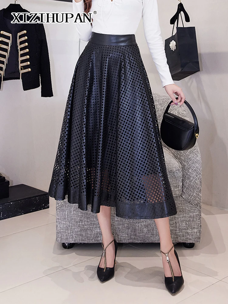 

XIZIHUPAN Leather Ruched Long Skirt For Women High Waist Hollow Out A Line Skirts Female Clothing Autumn Elegant Fashion Style