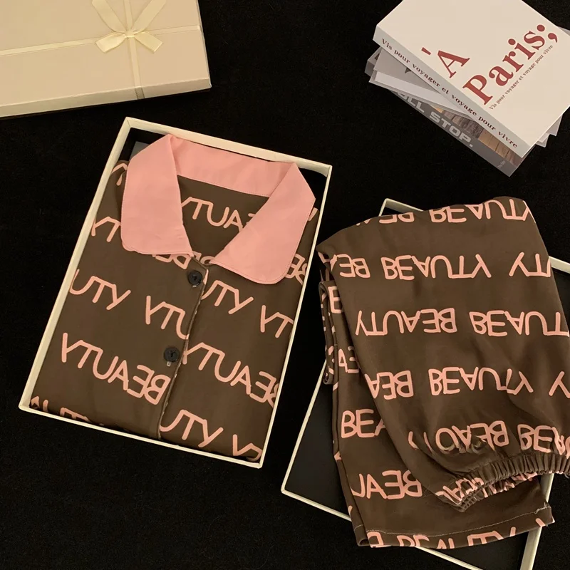 Net Red Sle Pajamas Women Spring and Autumn Thin Pure Cotton Long sleeve Letters Loose Plus size Home Wear Fashion Two-piec...