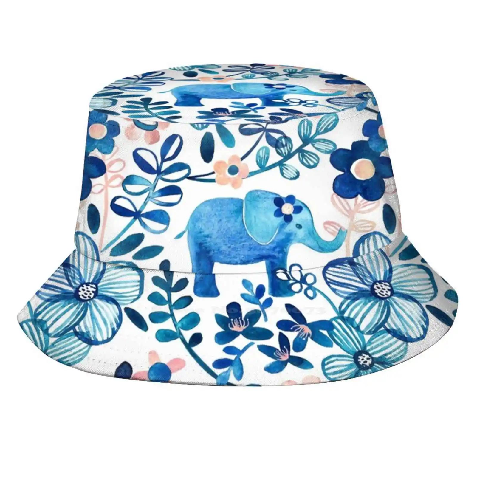 

Шапка-ведро для мужчин и женщин, шляпа с румянами, розовым, белым и синим слоном и цветочным акварельным узором, рыбака, акварель, синий, индиго