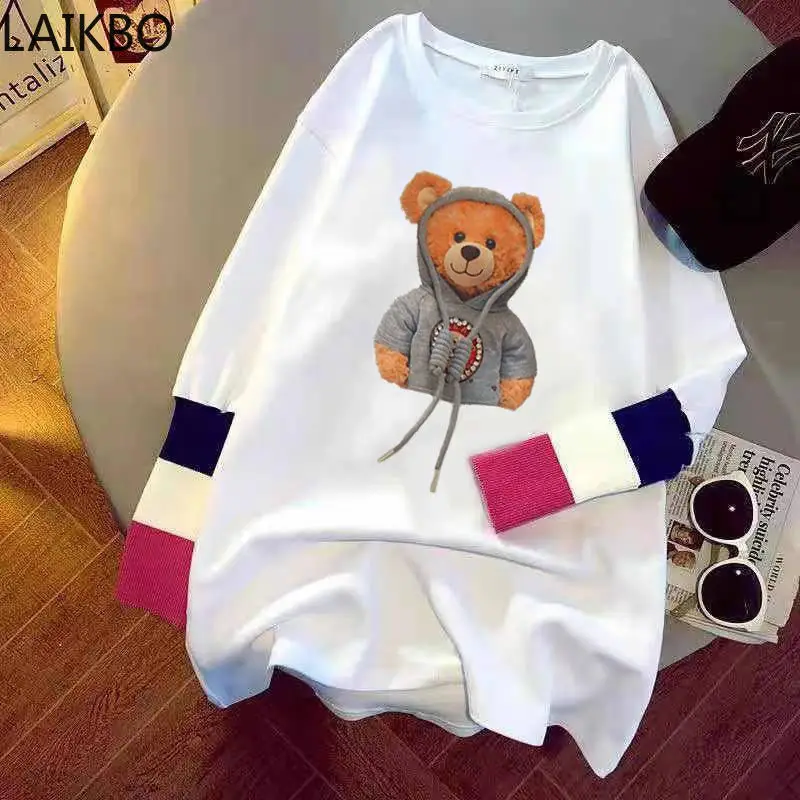 

Bear Stitching Fake Two-piece Long-sleeved T-shirt Female 2021 Spring New Korean Version Loose Mid-length Bottoming Shirt Top