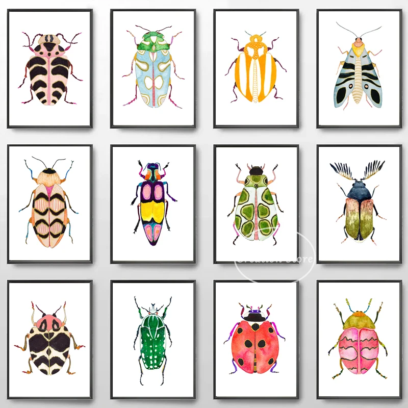 Акварель Жук Художественная печать синяя Стрекоза искусство естественное