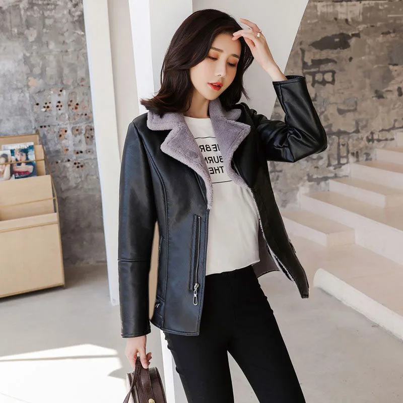 2023 New Winter PU Leather Jacket Women Short Blazers Coat Fleece Double-faced Fur Leather Outerwear Lady Slim Suit Tops Jackets