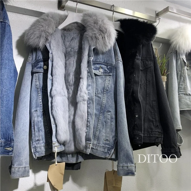 

Женское зимнее свободное короткое пальто корейской версии, хлопковое пальто с воротником из кроличьего меха и утепленной джинсовой вставкой, новинка 2023