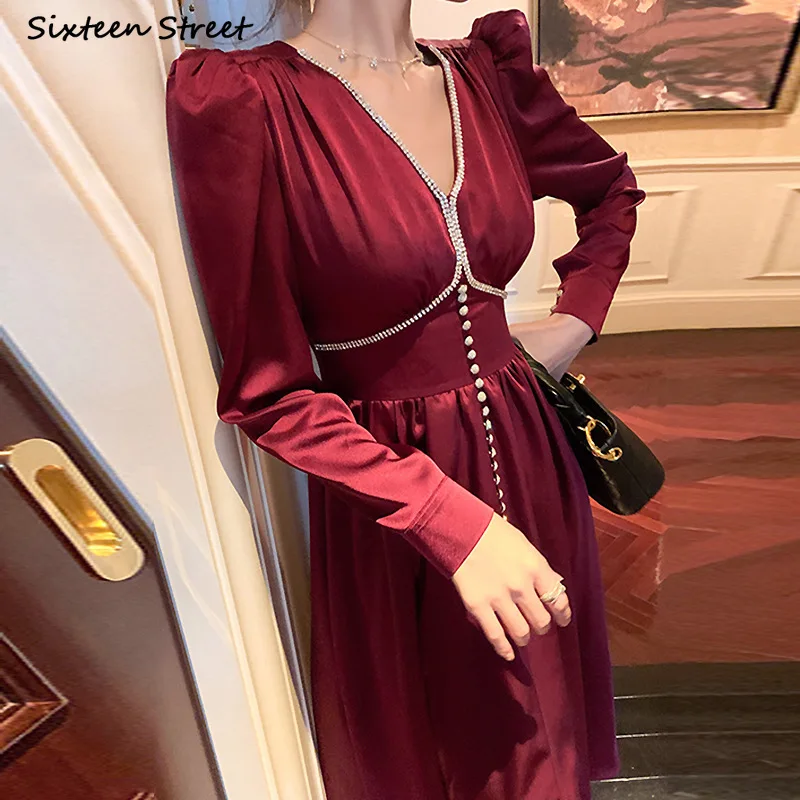 

Женское глянцевое платье бордового цвета, Элегантное Длинное атласное платье с V-образным вырезом и алмазной вышивкой, весна-лето 2023