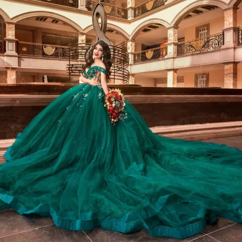 

Green Off Shoulder Shiny Ball Gown Quinceanera Dresses Tulle Lace Beaded Appliques Sweet 16 Dress Vestido De 15 Anos Party Dress