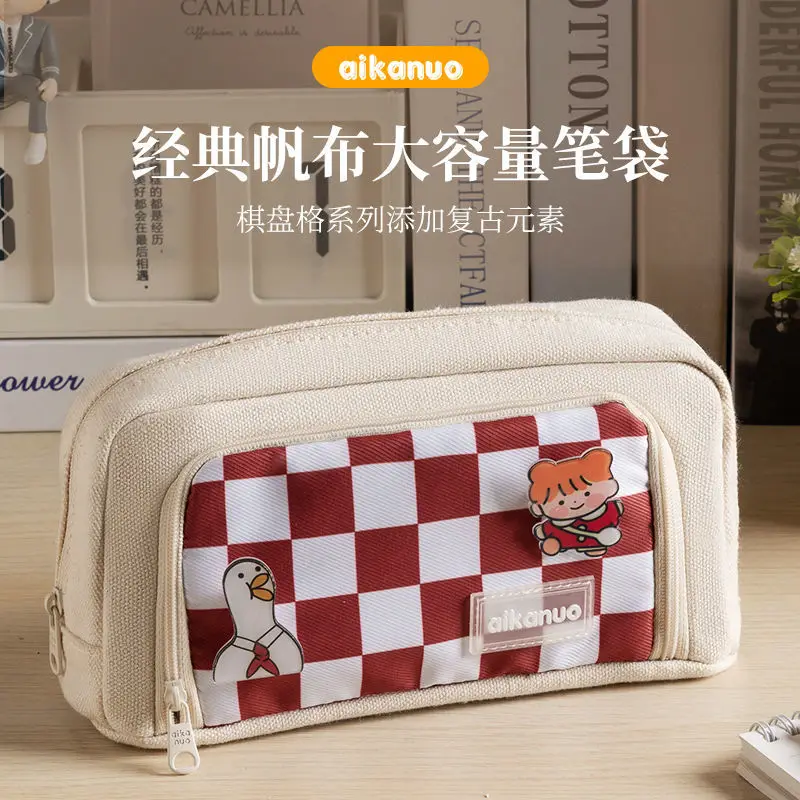 Lar pacity ncil se  Japanese Good-looking Checkerboard Simple Stationery se Student Multifunctional Stationery Box
