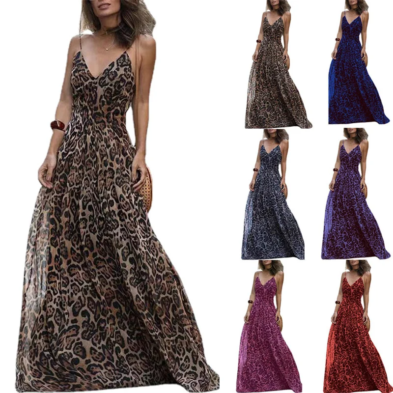 

2022 Women's Backless Long Dress Party Nightclub Dress Summer Beach Sexy Sleeveless Spaghetti Straps Elegant Leopard Print