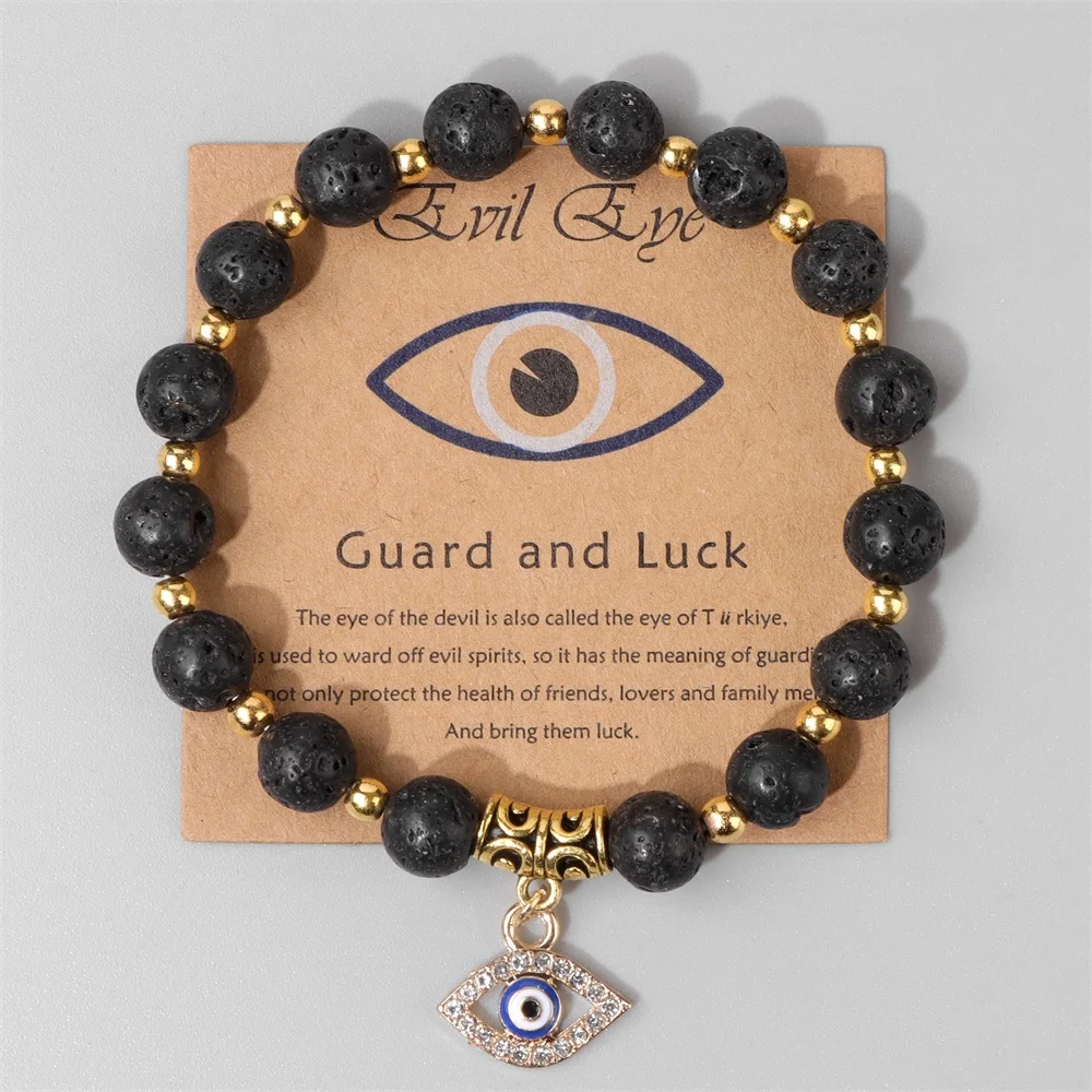 

Natural Lava Stone Beads Bracelet Turkish Lucky Evil Eye Pendant Beaded Bracelets Men Women Fine Fashion Charm With Card Jewelry