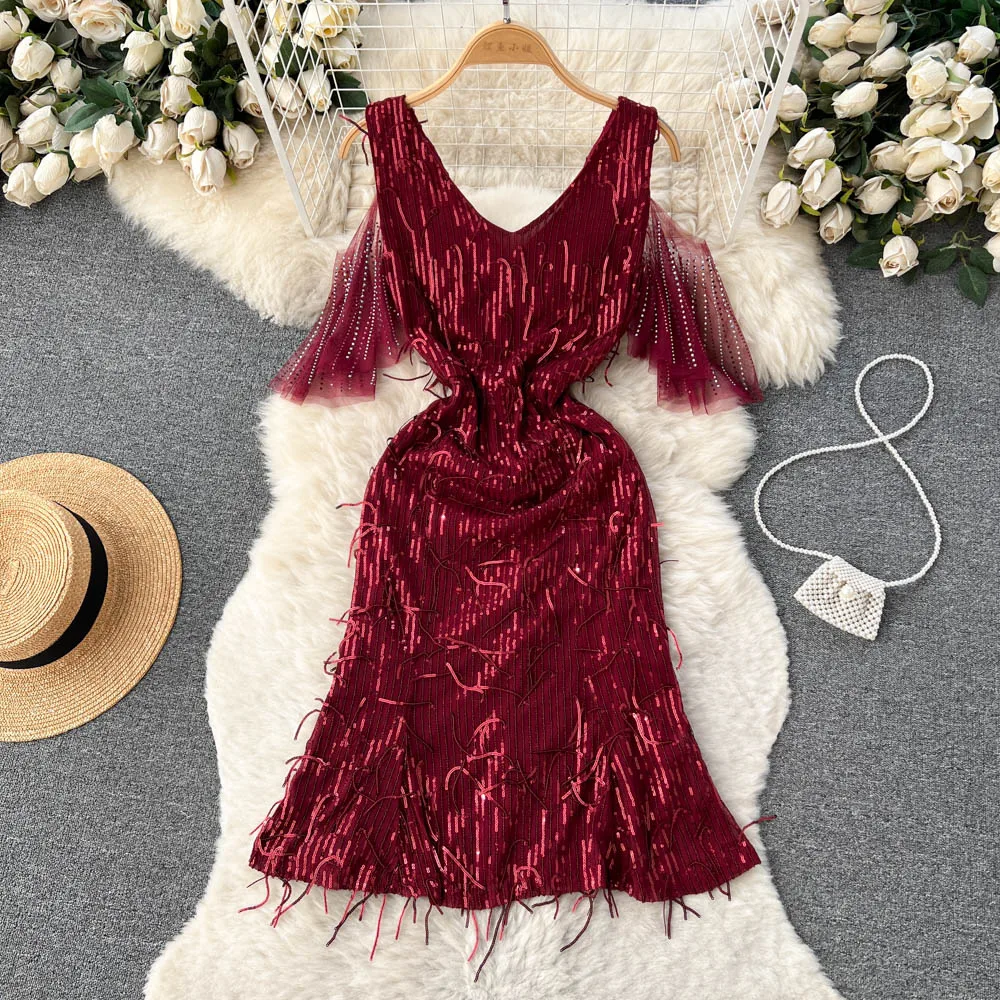 

Summer New Design Sense Sequins Tassel V-neck Strapless Waist Fishtail Evening Dress