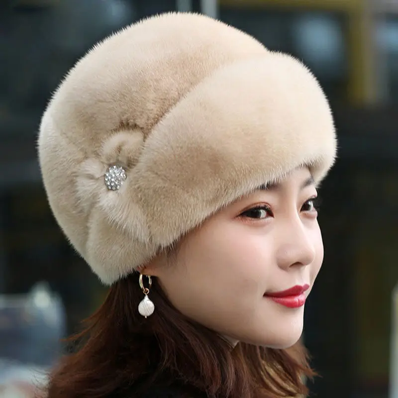 Faux Mink Fur Beanie Hat Woman Winter Wool-like Cap Russia Ladies Rhinestone Fury Elegant Thick Warm Snow Caps 2023 Fashion