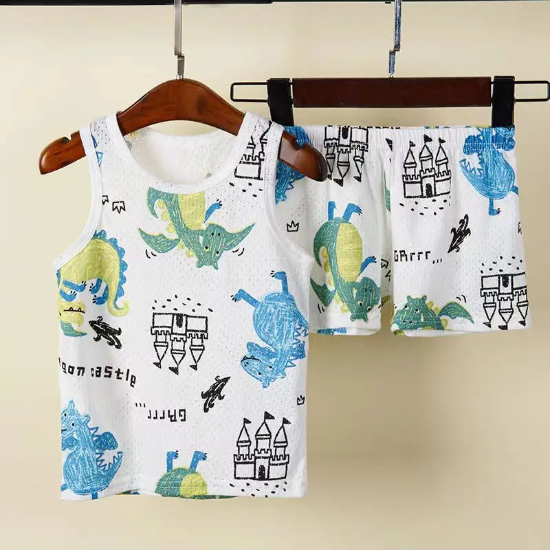 

Одежда для маленьких мальчиков, детские пижамы без рукавов, пижама с мультяшным котом, динозавром, комплект из 2 предметов, детский жилет, ле...