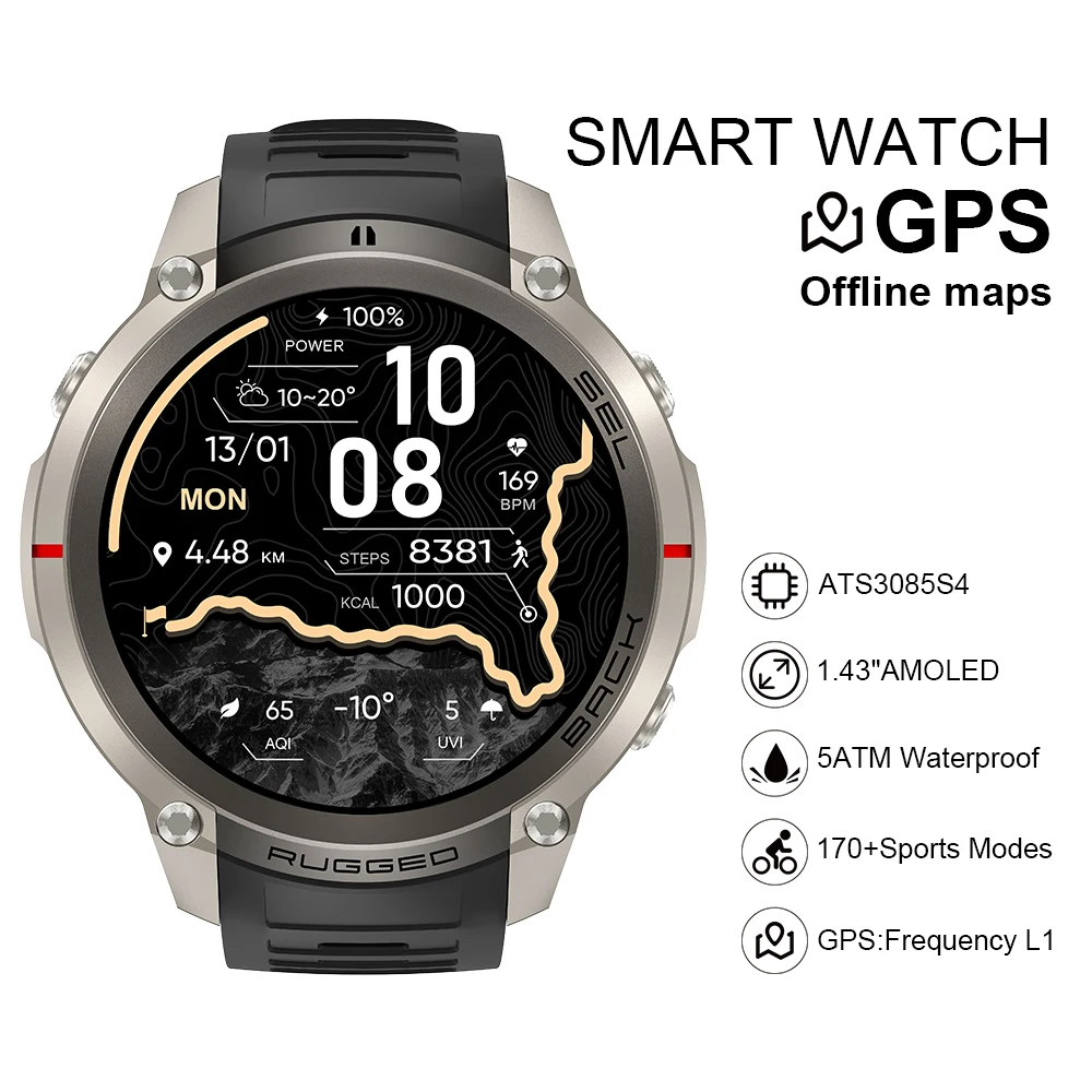 Фото Умные часы 2026 DM59 с офлайн-картой, встроенным GPS, 1,43-дюймовым AMOLED-экраном, водонепроницаемостью 5ATM, компасом, спортивные смарт-часы для мужчин. №1