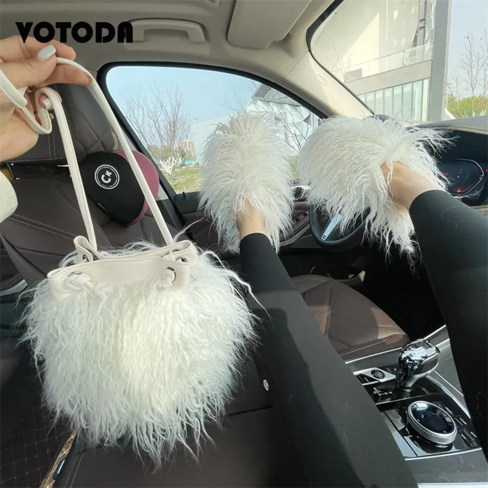 Luxury Mongolian Fur Slippers Faux Wool Fluffy Fur Slides Home Flat Flip Flop Cute Furry Tassel Handbag Women Shoes Shoulder Bag