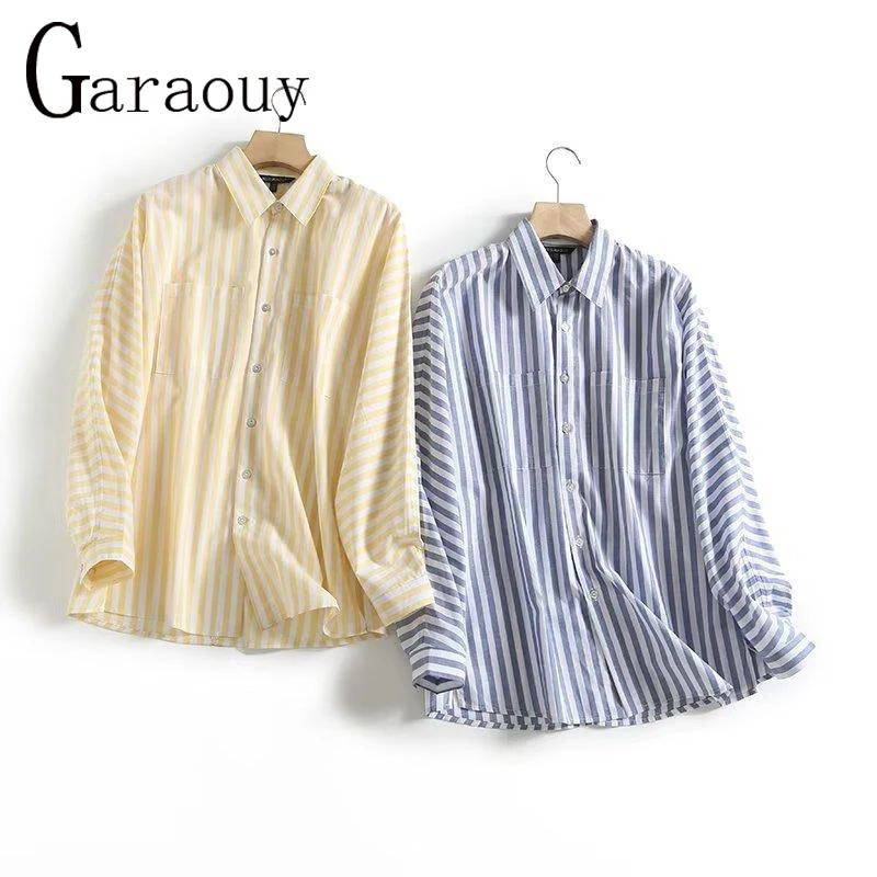 

Garaouy 2023 летняя новая женская рубашка-поло с воротником, однобортная полосатая рубашка с карманами, женская Свободная Повседневная блузка бо...